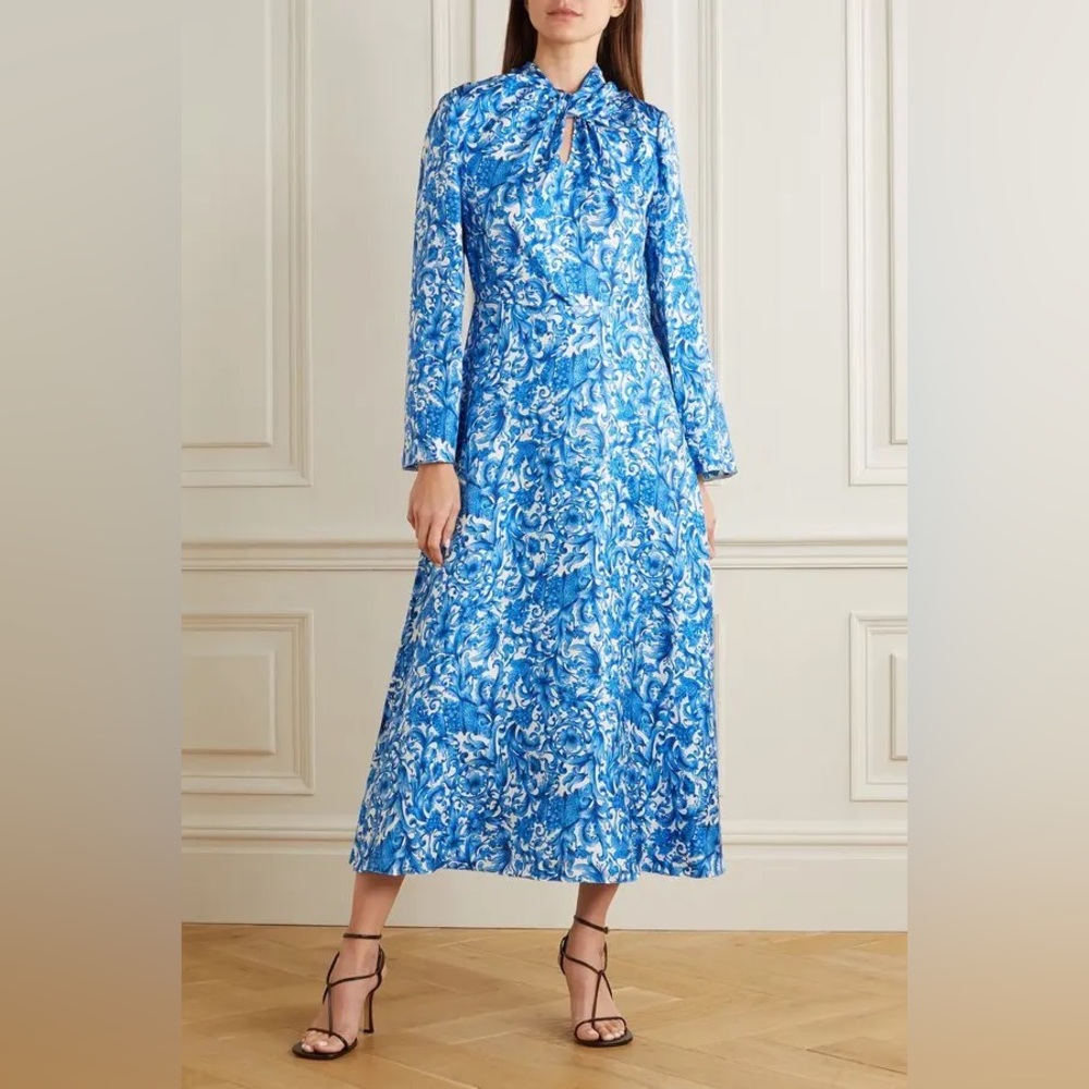 Valentino Garavani Blue Floral Long-Sleeve Midi Dress (NWT)
